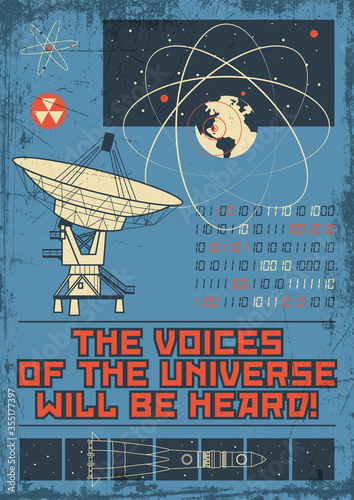Old Engineering Blueprint Drawings Style, Science Propaganda Poster, Radio Telescope, Earth, Vintage Colors, Grunge Texture Pattern 
