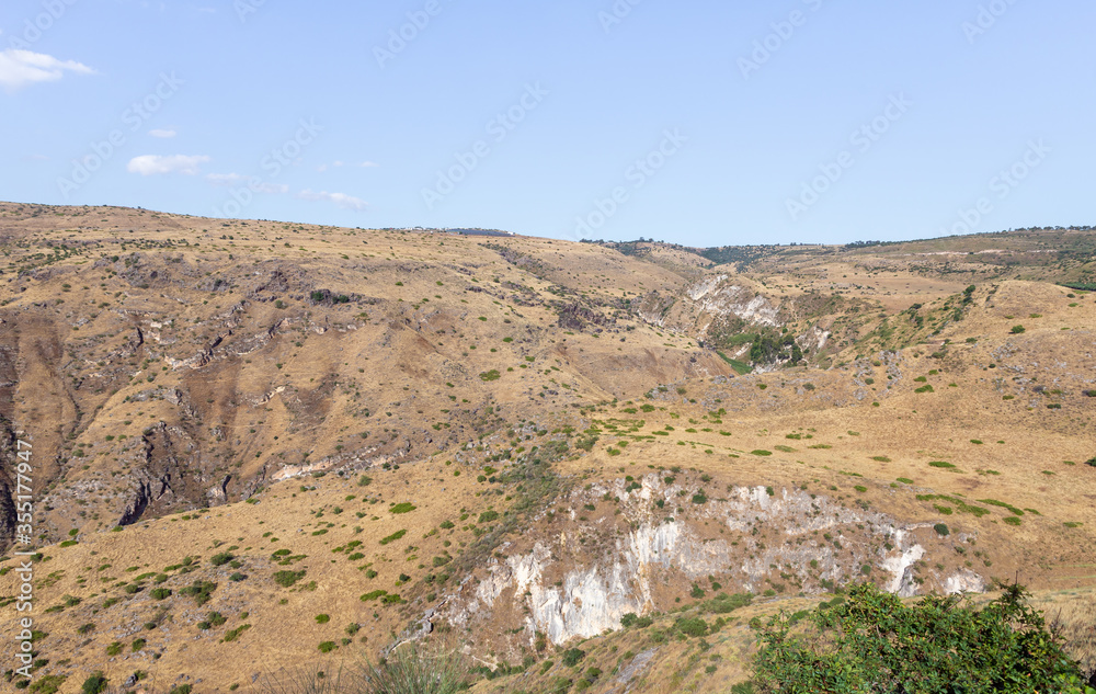 Panoramic  view from the ruins of the Greek - Roman city Hippus - Susita located on the hills on the Golan Heights in northern Israel