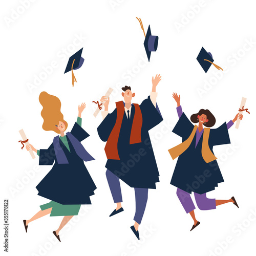 Graduating Students in Gowns and Caps Jumping and Cheering Up Happy to Get Diploma Certificate and Finish University Education. Cartoon Flat Vector Illustration.