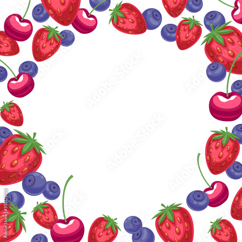 Strawberries, cherries and blueberries frame. Sweet berries vector background.