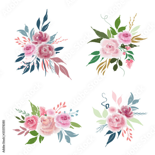 Set of wedding flowers arrangements with roses and leaves