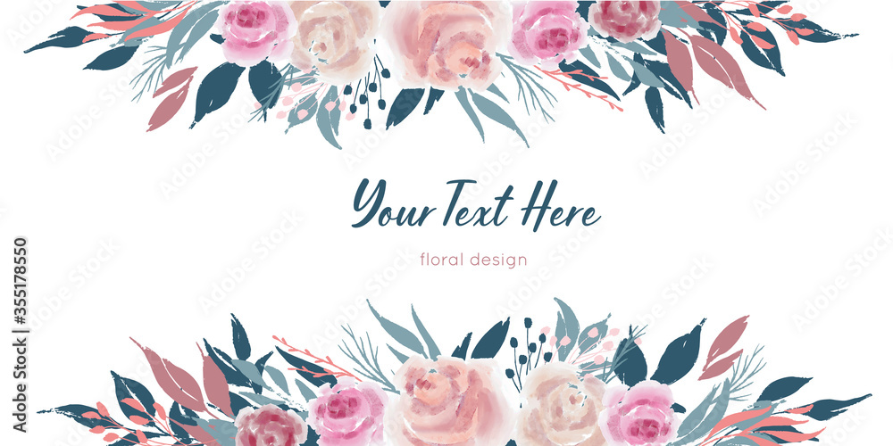 Vector floral borders with rose flowers and blue leaves Stock Vector ...