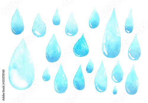 Set of water droplets, raindrops of various sizes. Watercolor hand painting illustrations for the rainy season.