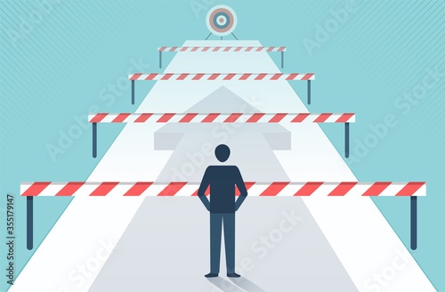 Businessman standing in front of many obstacles and barriers on the way to success vector design.