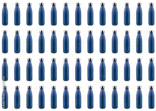 Pattern of reusable steel thermo water bottles of phantom blue of color isolated on white background.