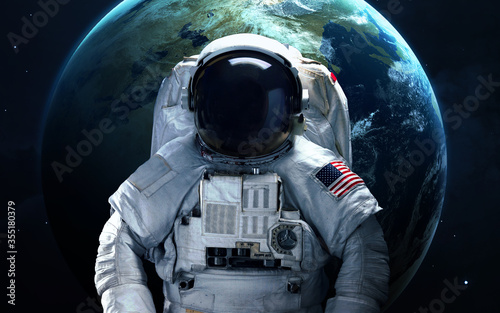 Fototapeta Naklejka Na Ścianę i Meble -  Astronaut with the Earth behind. Science 3D illustration of space. Elements furnished by Nasa