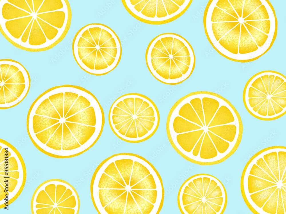Trendy sunlight Summer pattern made with yellow lemon slice white background. Minimal summer lemon pattern