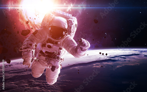 Fototapeta Naklejka Na Ścianę i Meble -  Astronaut near the Earth. Science 3D illustration of space. Elements furnished by Nasa