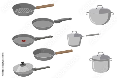 Kitchen pots and different pans isolated on white background. Kitchen utensils, dishes. Big set.
