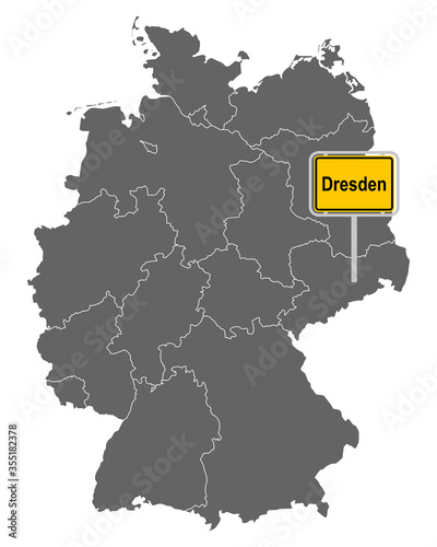 Landkarte von Deutschland mit Ortsschild von Dresden © lantapix