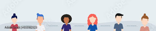 Social distancing tree people different ethnic. safety clearance distance for coronavirus. Vector flat people illustration.