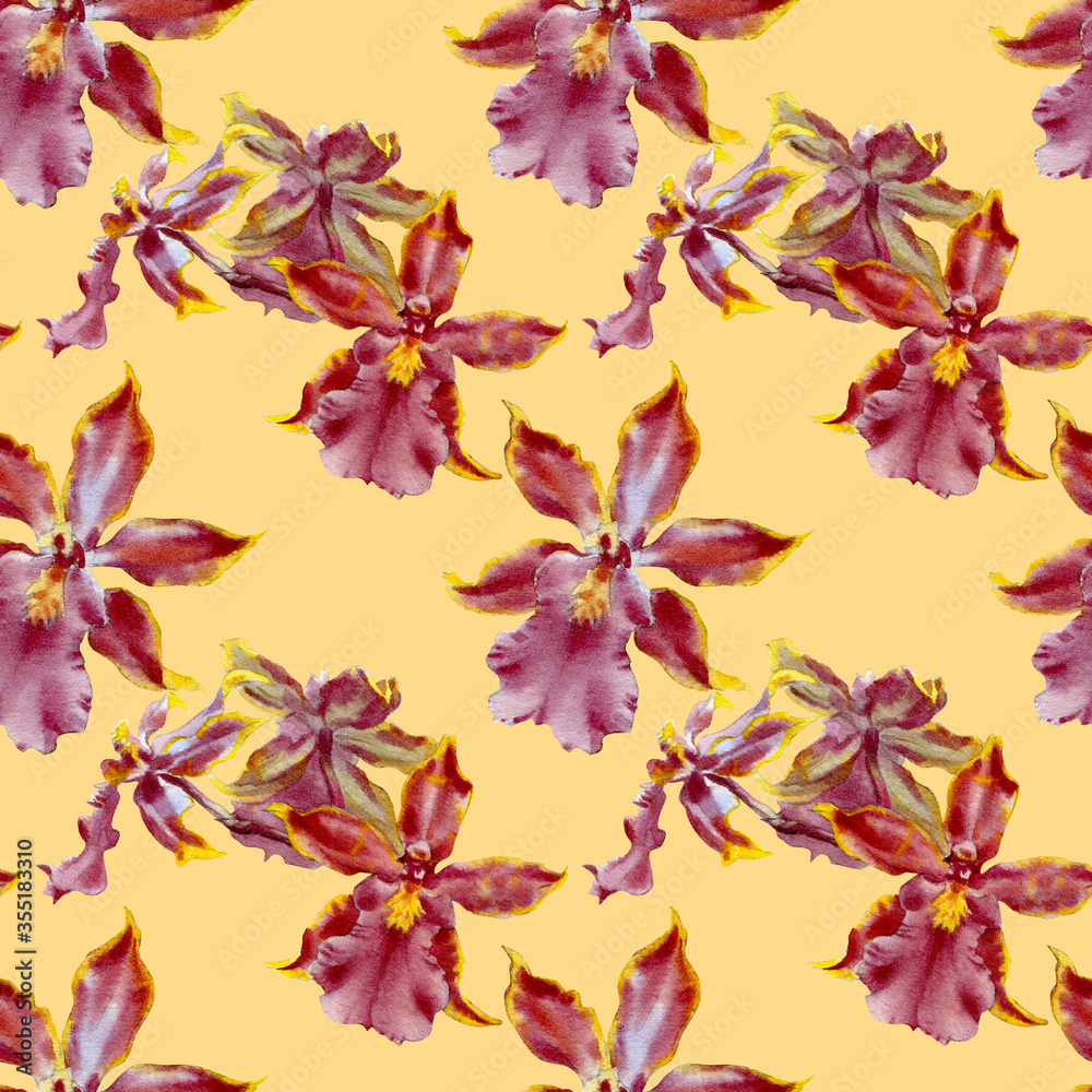 Orchid watercolor illustrations on color background. Seamless pattern with colorful flowers.