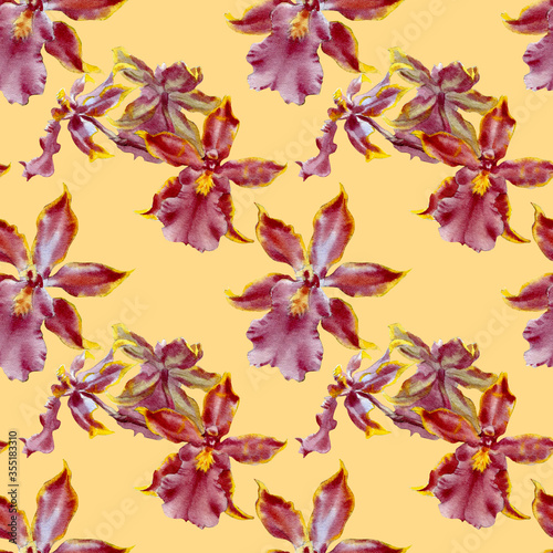 Fototapeta Naklejka Na Ścianę i Meble -  Orchid watercolor illustrations on color background. Seamless pattern with colorful flowers.
