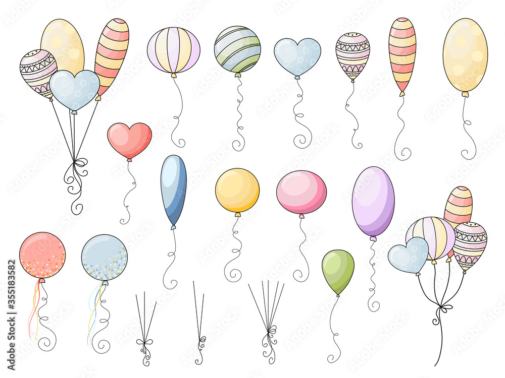 Cute hand drawn vector collection of baloons isolated on white background. Colorful funny elements for package, wrapping paper, banner, print, greetings card, gift, fabric, label, advertising, card.