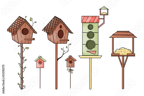 Cute hand drawn vector birdhouses and feeder collection isolated on white background. Graphic elements for package, wrapping paper, banner, print, card, gift, fabric, label, advertising, card, fabric.