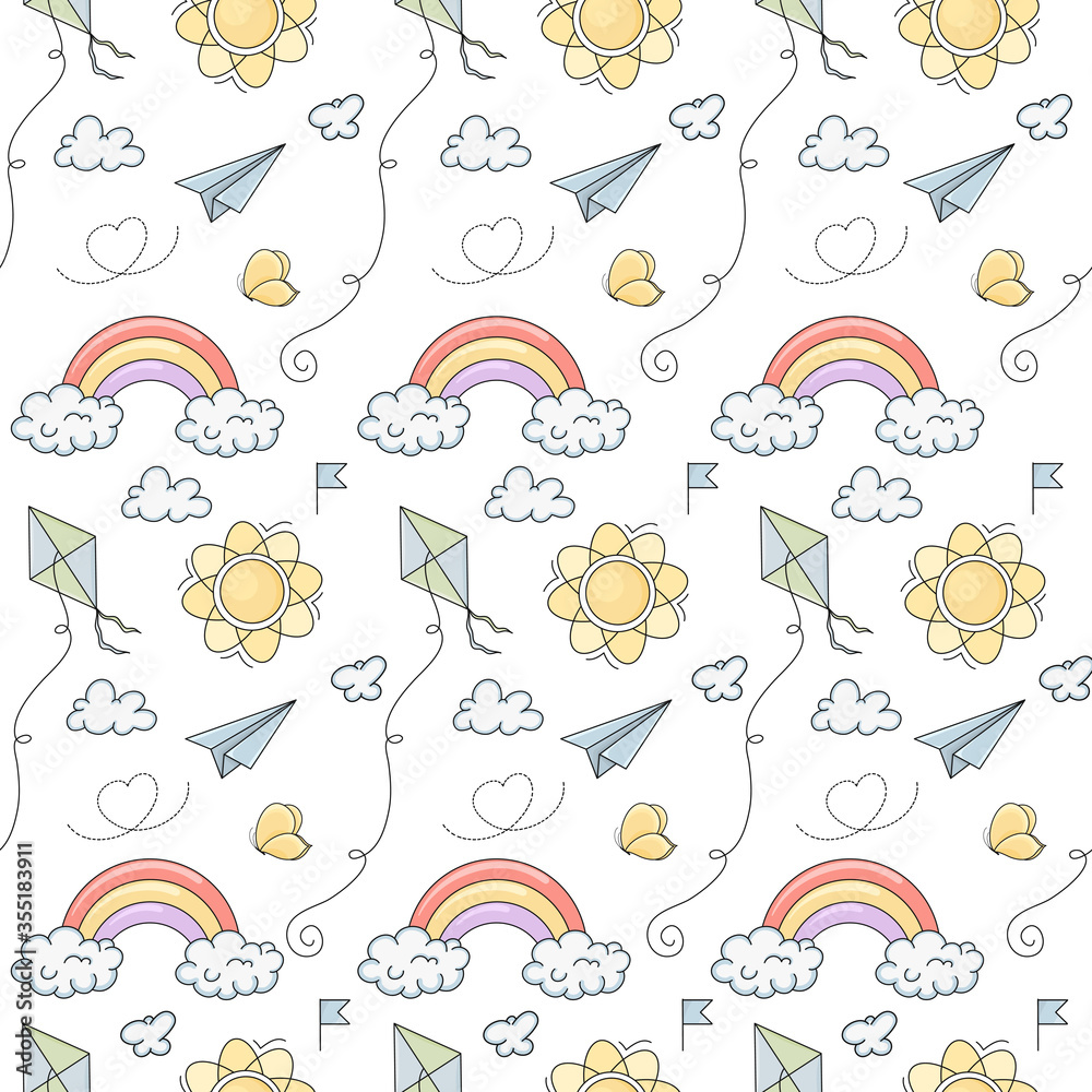 Seamless vector pattern with cute hand drawn kite, paper plane, butterfly, sun, clouds and rainbow. Fun summer background for card, print, poster, advertising, fabric, wallpaper. Seamless vector pattern with cute hand drawn kite, paper plane, butterfly, sun, clouds and rainbow. Fun summer background for card, print, poster, advertising, fabric, wallpaper.