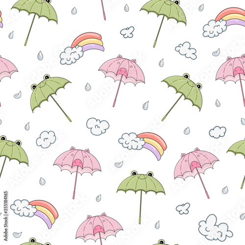 Seamless vector pattern with hand drawn kids umbrellas with cute cartoon frog and pig design, rainbow, cloud and rain drop. For print, poster, label, wrapping paper, advertising, fabric, wallpaper.
