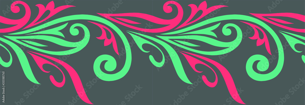 Seamless geometrical paisley border pattern with grey background.abstract colorful background with flowers Seamless geometrical paisley border pattern with grey background.abstract colorful background with flowers