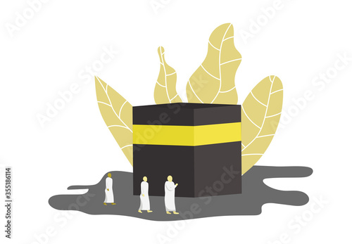 Hajj vector illustration , umrah idul adha mecca arafat mina islamic template pray mabrur month hajj. concept tree-people kaaba
