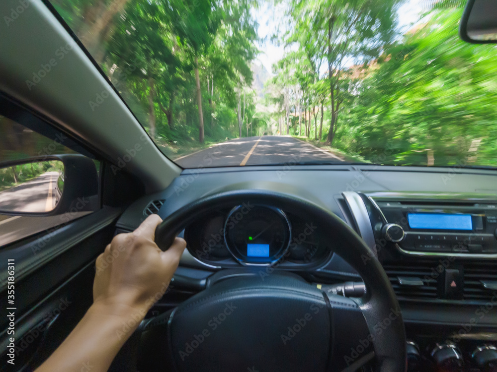 Hand holding left steering wheel driving on motion road forest scene