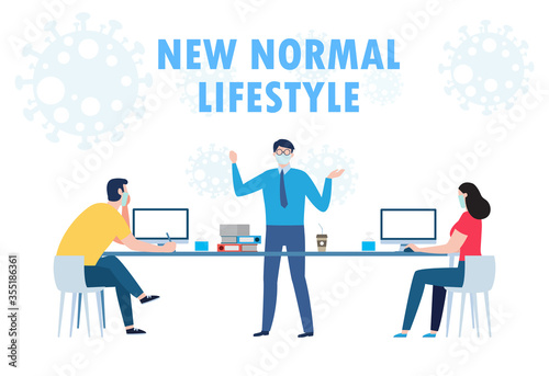 Social distancing concept of Teamwork of business office people maintain New normal lifestyle at job working. Stop covid-19 coronavirus isolated on white background vector illustration