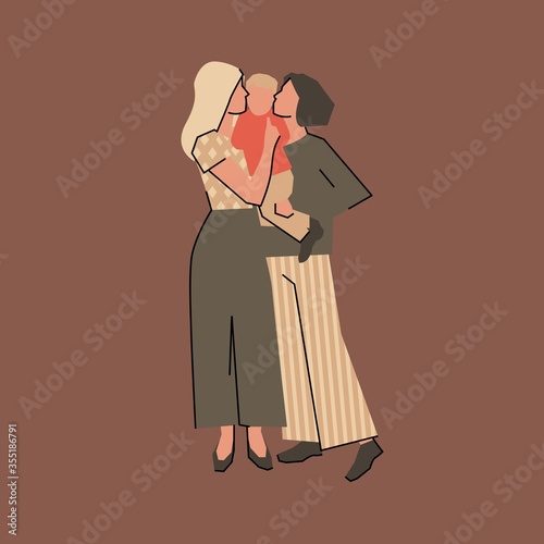A young gay lesbian couple with a baby in their arms. Family and adoption. Two lesbian mother and child. Vector stock illustration.