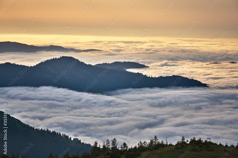 Magical sunset and sea of clouds. Landscape panorama taken from Gito Plateau, Kackar / Kaçkar mountains, Black Sea / Karadeniz region of Turkey.           