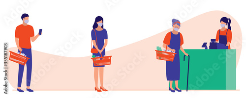 Social Distancing And Coronavirus Prevention. Group Of People Waiting In Line At The Grocery Supermarket. COVID-19 Coronavirus Outbreak Prevention Concept. Vector Flat Cartoon Illustration. 