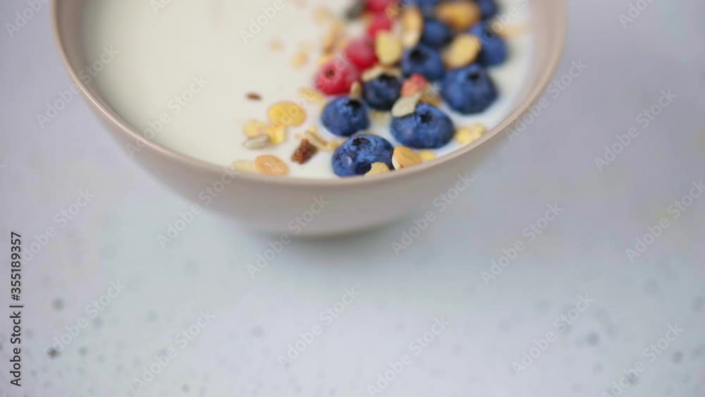 Natural yogurt with fresh blueberries and red currant. Serving bowl with muesli Natural yogurt with fresh blueberries and red currant. Serving bowl with muesli