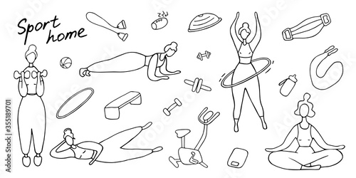 Sport set. Icons of sports equipment and training people. Workout at home, sport exercises at home. Hand drawn vector graphic