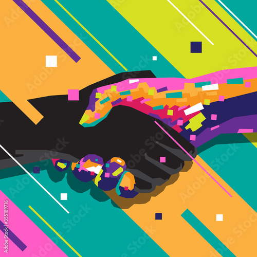 handshake illustration with pop art style, awareness concept, work together, humanitarian day,
