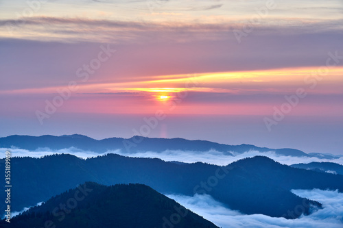Fototapeta Naklejka Na Ścianę i Meble -  Magical sunset and sea of clouds. Landscape panorama taken from Gito Plateau, Kackar / Kaçkar mountains, Black Sea / Karadeniz region of Turkey.           