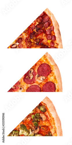 Set of three different slices of tasty italian pizza: spicy Mexico, Salami and pizza with vegetables, isolated on white background