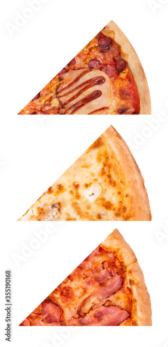 Set of three different slices of tasty italian pizza: BBQ, Quattro formaggi and pizza with bacon, isolated on white background