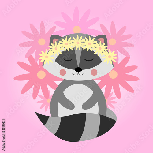 Cute raccoon with flowers. North American raccoon, native mammal. Cartoon animal design. Flat vector illustration isolated on yellow background. Forest inhabitant. Wild animal with grey fur.
