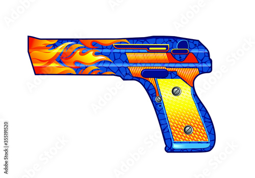 Blue cartoon gun with fire and buttons