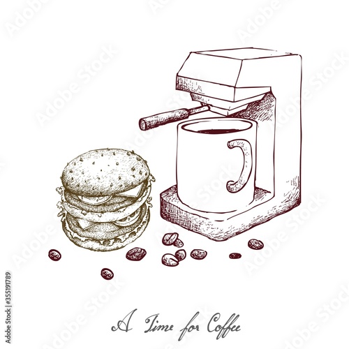 Time for Coffee, Illustration Hand Drawn Sketch of A Cup of Coffee with Espresso Machine and Cheeseburger Isolated on White Background.