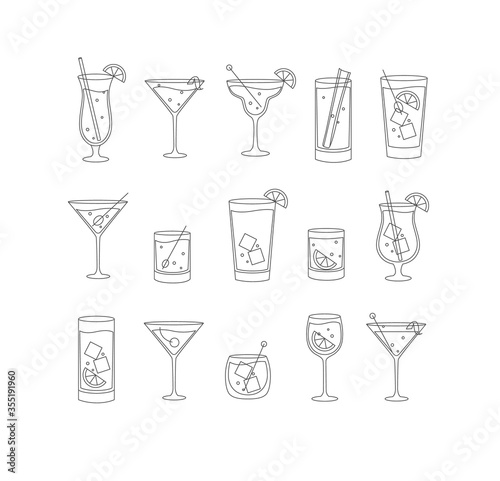 Alcohol drinks and cocktails icon flat set