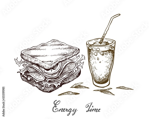 Energy Time, Illustration Hand Drawn Sketch of Delicious Homemade Freshly Healthy Whole Grain Bread Sandwich with Iced Coffee Isolated on White Background.