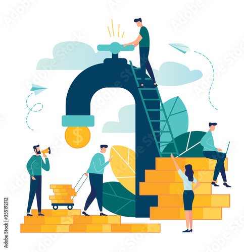 vector business illustration on white background. business porters - a successful team. financing of creative projects. Receipt of money from the tap, water consumption, money for water