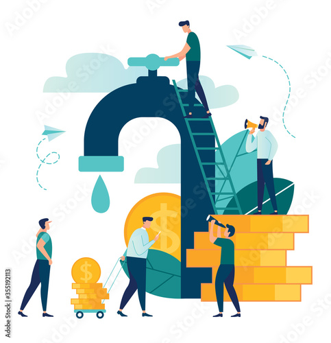 vector business illustration on white background. business porters - a successful team. financing of creative projects. Receiving money from a crane, water consumption, money for water, saving water, 