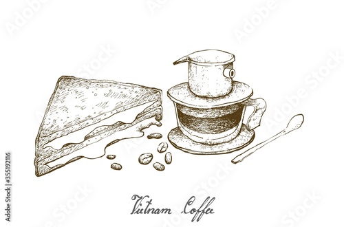 Illustration Hand Drawn Sketch of Coffee Beans with Vietnam Coffee Dripper with Grilled Cheese Sandwich. A Vietnamese Traditional Coffeemaker.