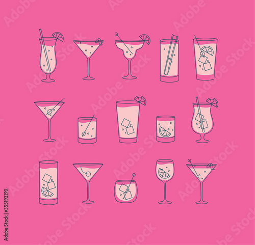 Alcohol drinks and cocktails icon flat set rose