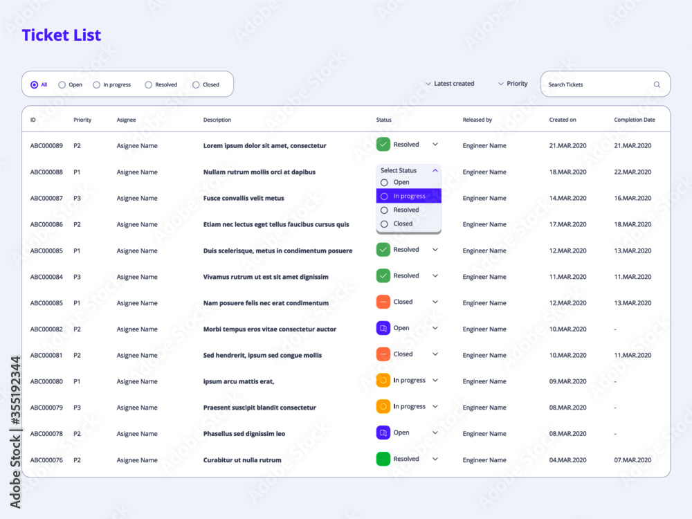 Ticket list page design template Ticket list page design template