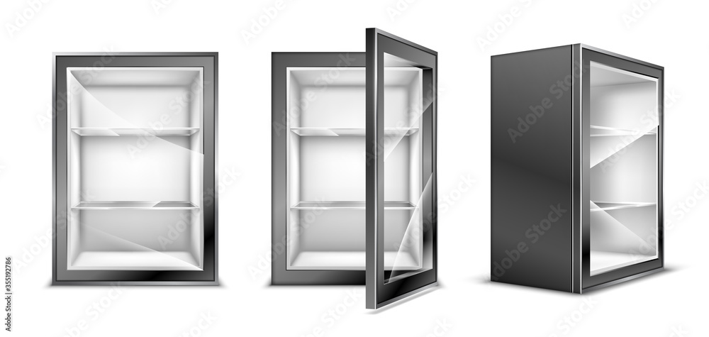 Mini refrigerator for beverages with transparent glass door. Empty gray fridge for fresh food or drinks in supermarket or kitchen. Realistic 3d vector modern cooler with shelves front and corner view