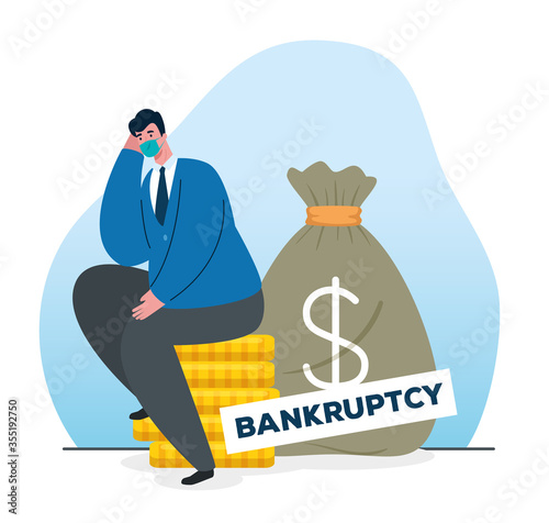 coronavirus crash, covid 19 economy collapse, sad businessman wearing surgical mask, bankruptcy concept
