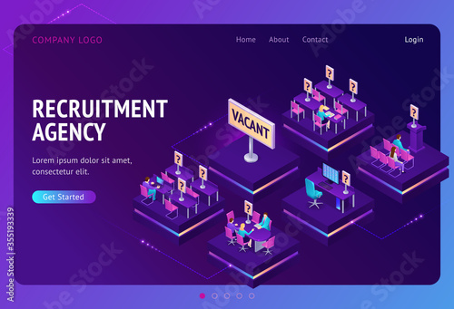 Recruitment agency banner. Service for hire employee and offer job opportunity. Vector landing page with isometric employment office with recruiters, workers and open vacancy
