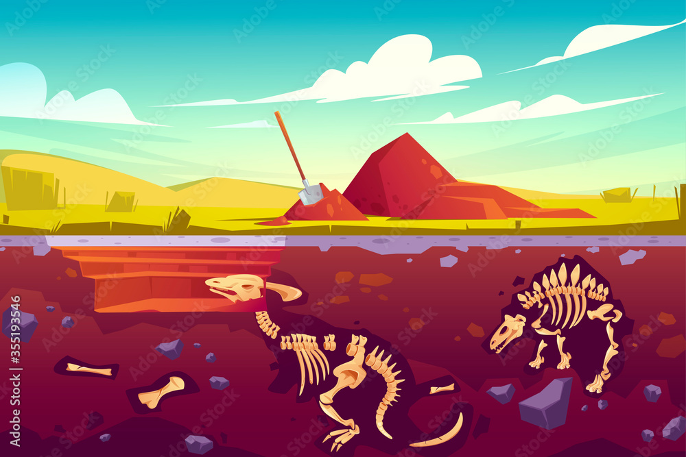 Fossil dinosaurs excavation, paleontology and archeology works. Vector
