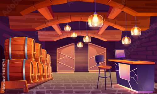Wine shop, cellar interior with wooden barrels, brick walls and floor, lamps in shape of wineglass. Alcohol beverage store with pc on counter desk and high stool, basement. Cartoon vector illustration