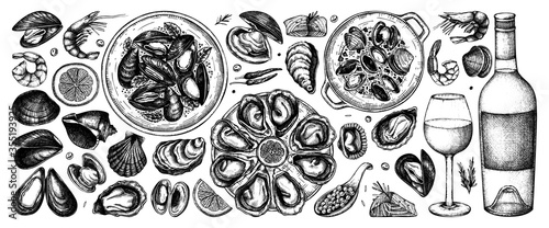 Seafood and wine illustrations collection in color. Hand-drawn shellfish - mussels, oyster, shrimps, caviar, and sketches. Perfect for recipe, menu, delivery, packaging. Mediterranean cuisine dishes. 